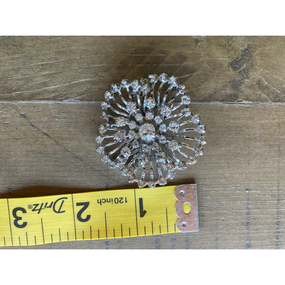 Vintage Silver Tone Rhinestone Sunburst Brooch Pin Clear Crystal Starburst 1.75